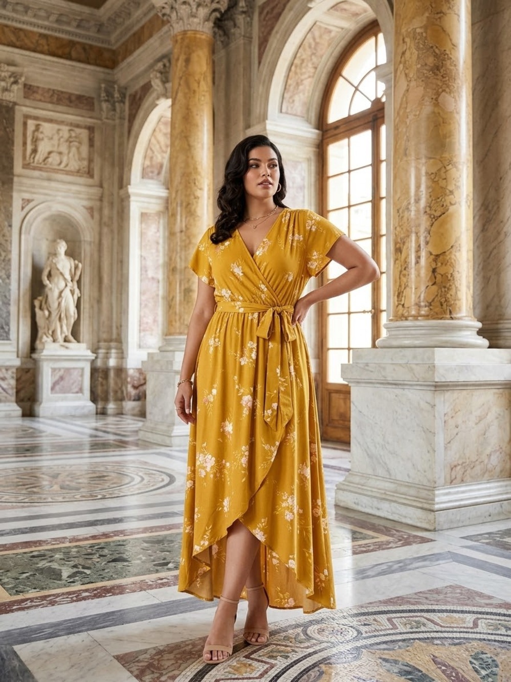 Ava & Viv Mustard Floral High-Low Wrap Dress